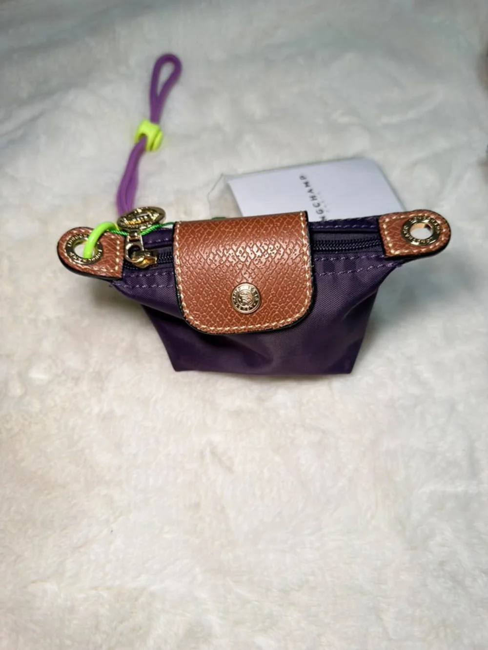 Mini Bag Charms Purple Nylon Card Pouch with Brown Leather Trim and Neon Cord